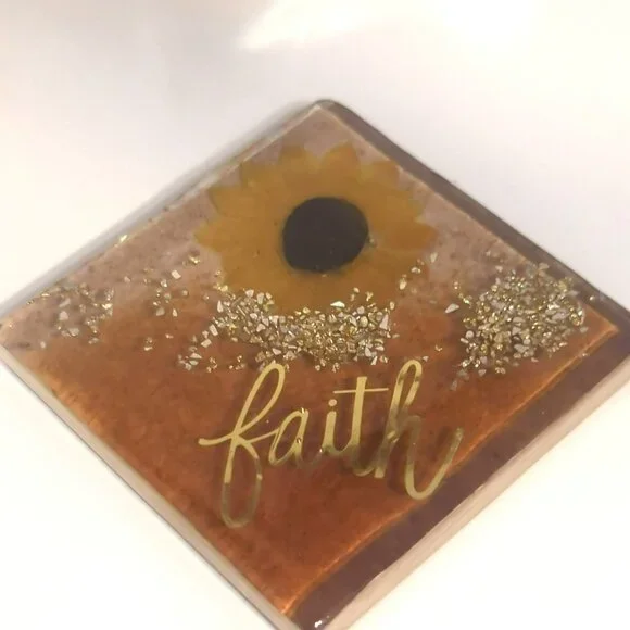 Handmade Resin Sunflower Coaster Set With Holder Inspirational Rustic Farmhouse - Picture 12 of 12